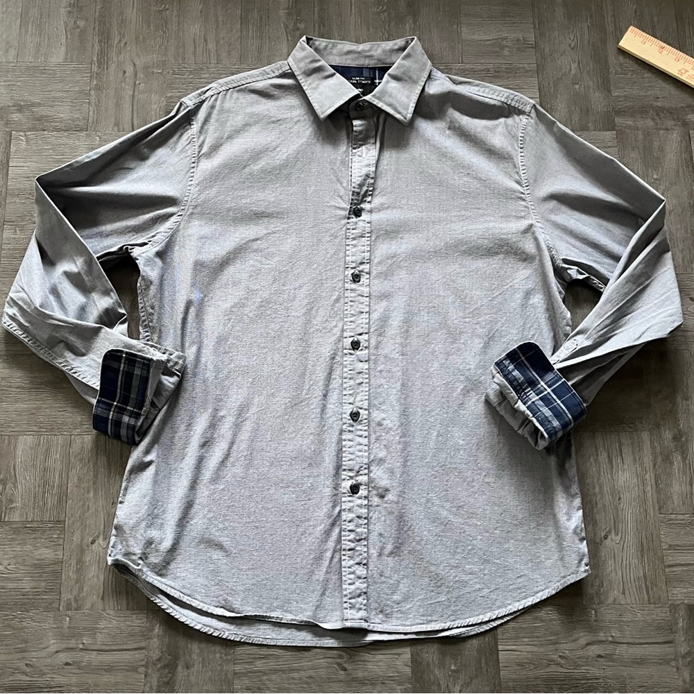 MOSSIMO Men’s Button Shirt Blue Plaid Long Sleeve 100% Cotton Large Slim Fit L